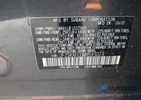 2021 Subaru Forester Premium из США, поврежденный, VIN JF2SKAFC0MH593023